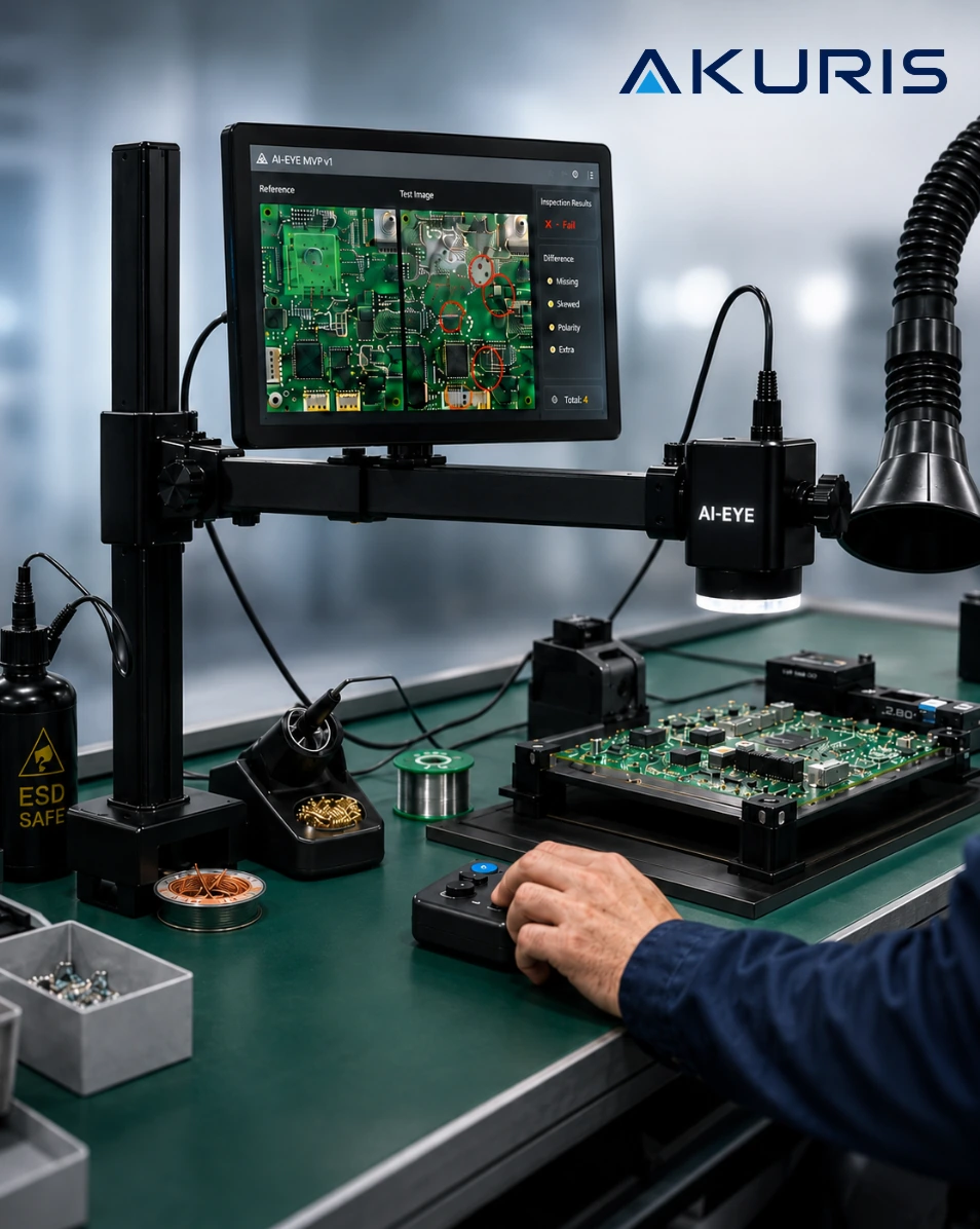 AI-EYE visual inspection hardware setup on an electronics manufacturing bench